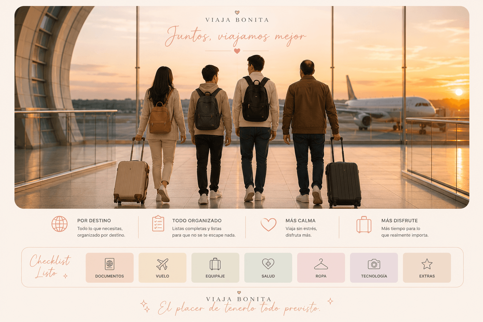 Familia de cuatro caminando juntos en el aeropuerto al atardecer — Viaja Bonita
