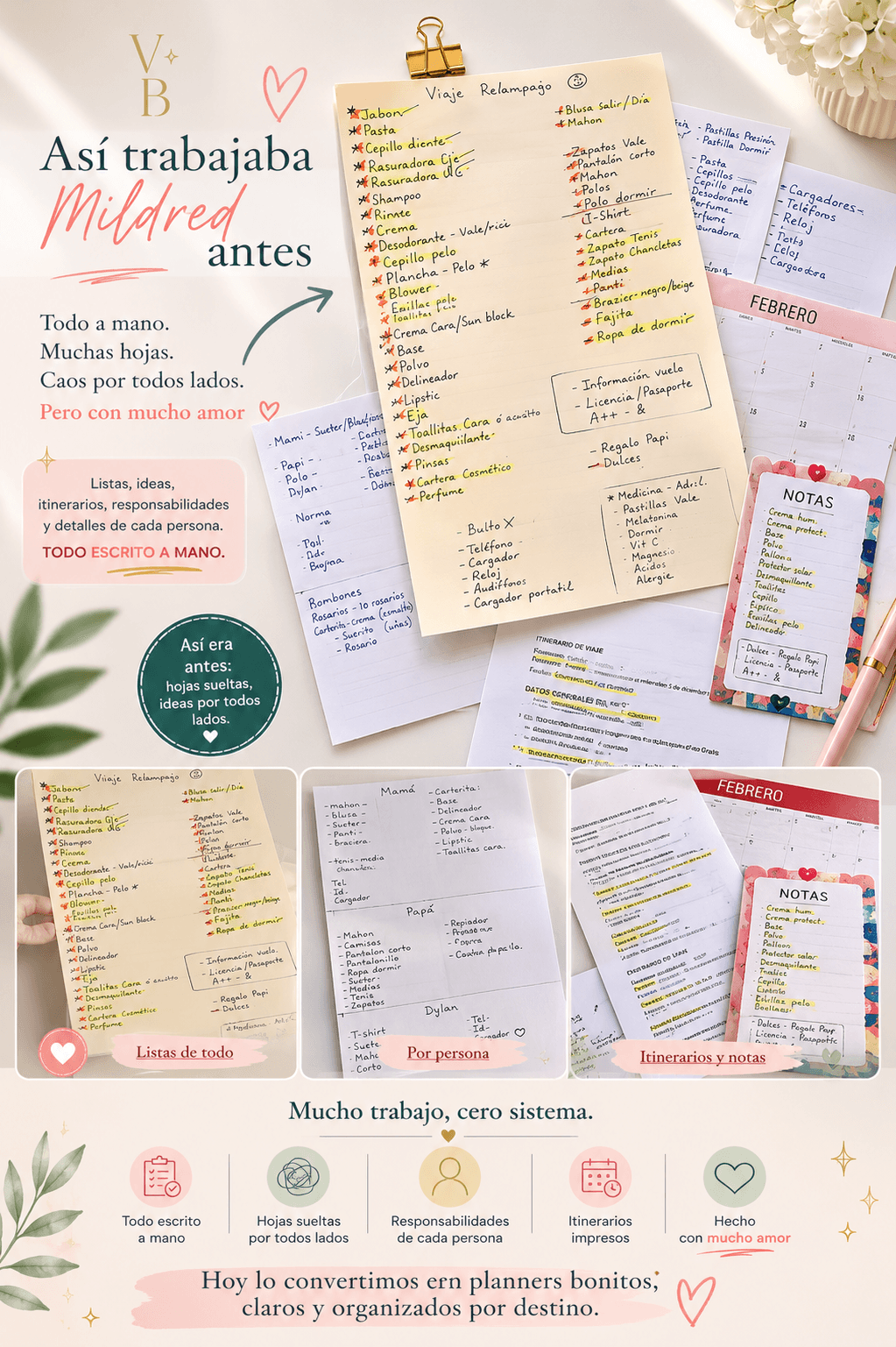 Así trabajaba Mildred antes — listas a mano, caos en papel, pero con mucho amor