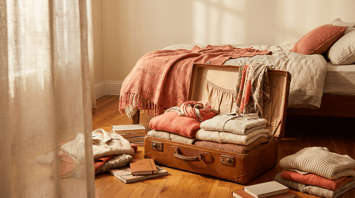 Maletas abiertas en el piso de una habitación al atardecer, ropa cuidadosamente doblada alrededor